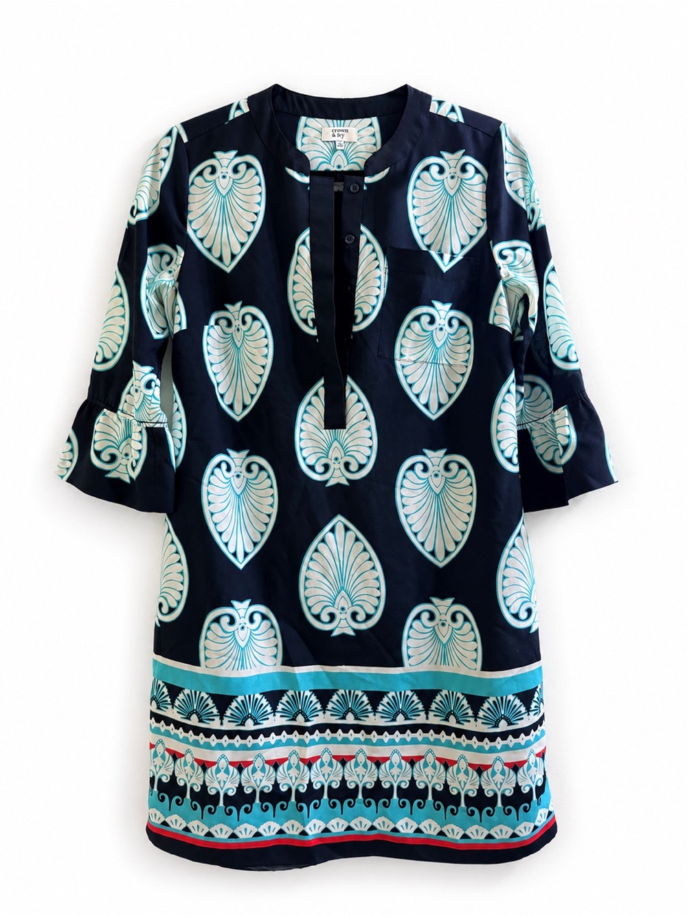 Crown & Ivy Navy Blue & Teal Spade Leaf Print Tunic Shift Dress - Size 4